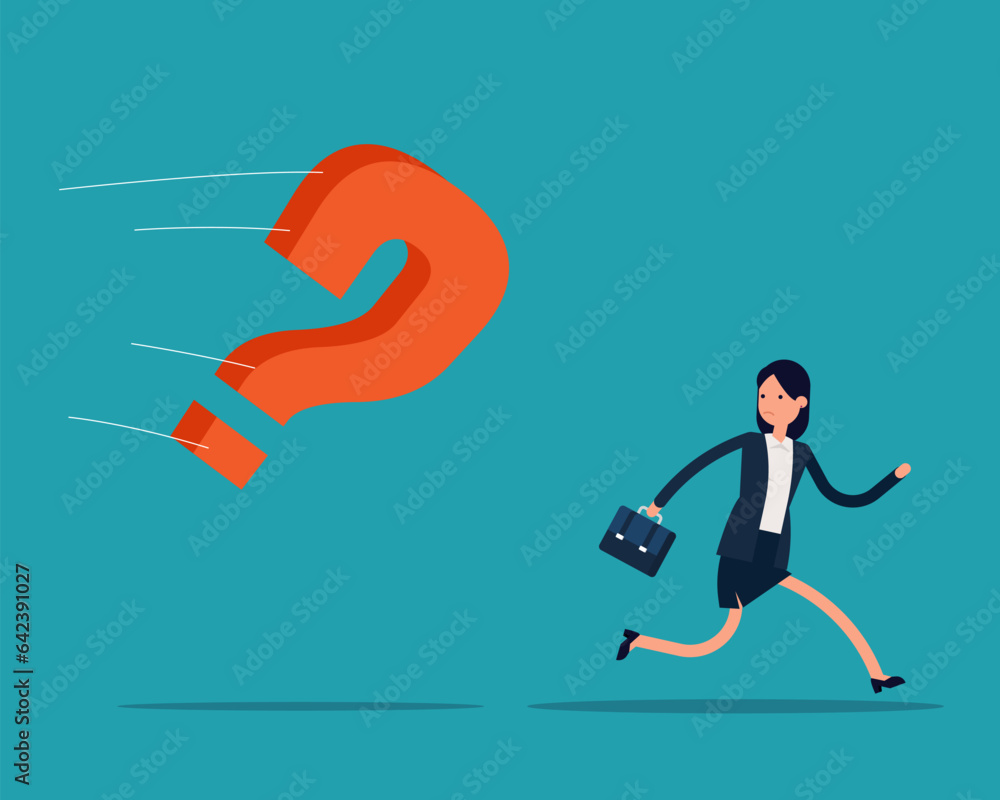 Fototapeta premium Run a way from a huge question mark. Business challenge concept. Vector illustration in cartoon style