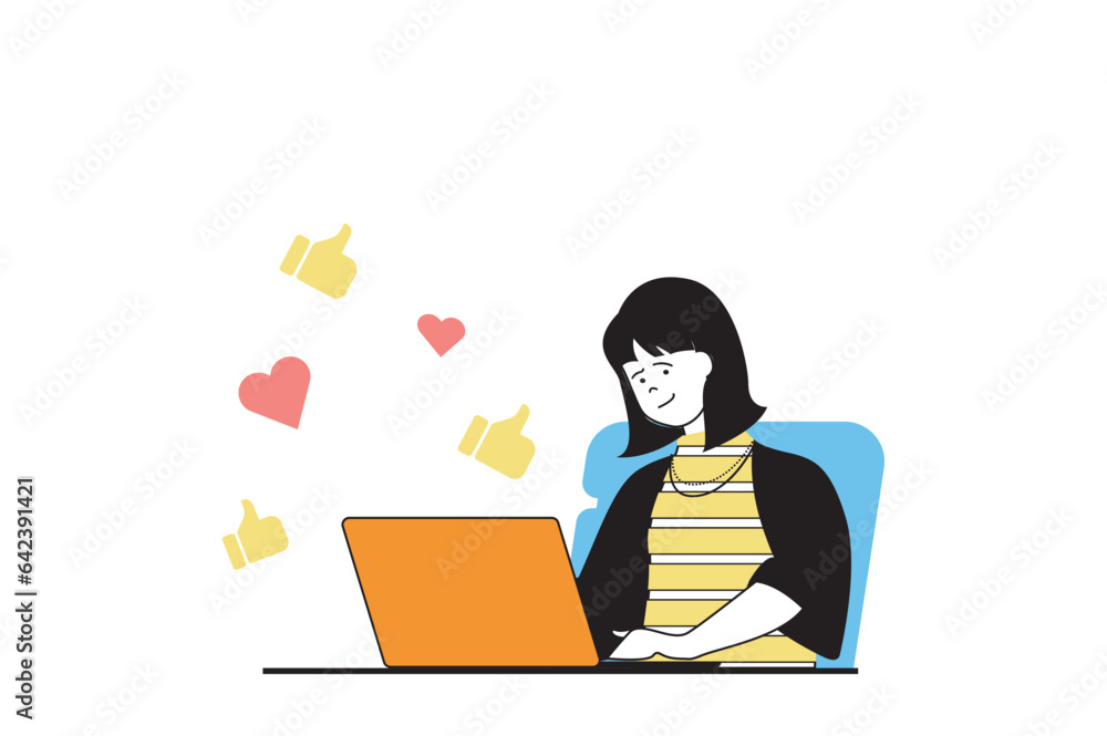 Digital marketing concept with people scene in flat web design. Woman makes online advertising and getting clients likes feedback. Vector illustration for social media banner, marketing material. Digital marketing concept with people scene in flat web design. Woman makes online advertising and getting clients likes feedback. Vector illustration for social media banner, marketing material.