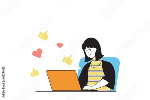 Digital marketing concept with people scene in flat web design. Woman makes online advertising and getting clients likes feedback. Vector illustration for social media banner, marketing material.