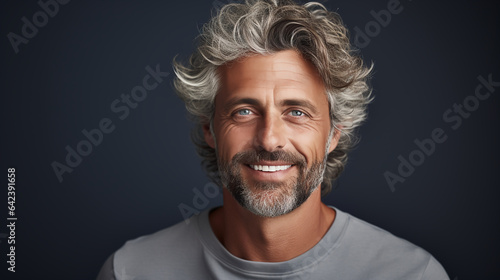 Aging mature man with gray hair and happy smiling.