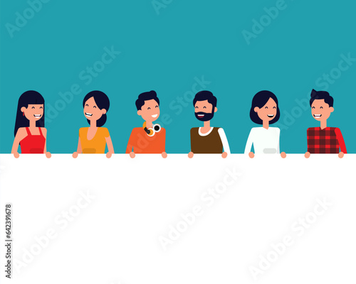 Group of people line up holding empty white banner
