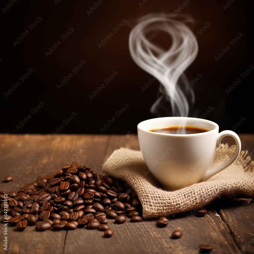 Fototapeta premium close up of coffee cup on wooden table steam rising 