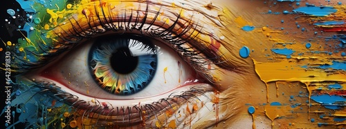 The artist's eyes are colored with paint. Creative art concept
