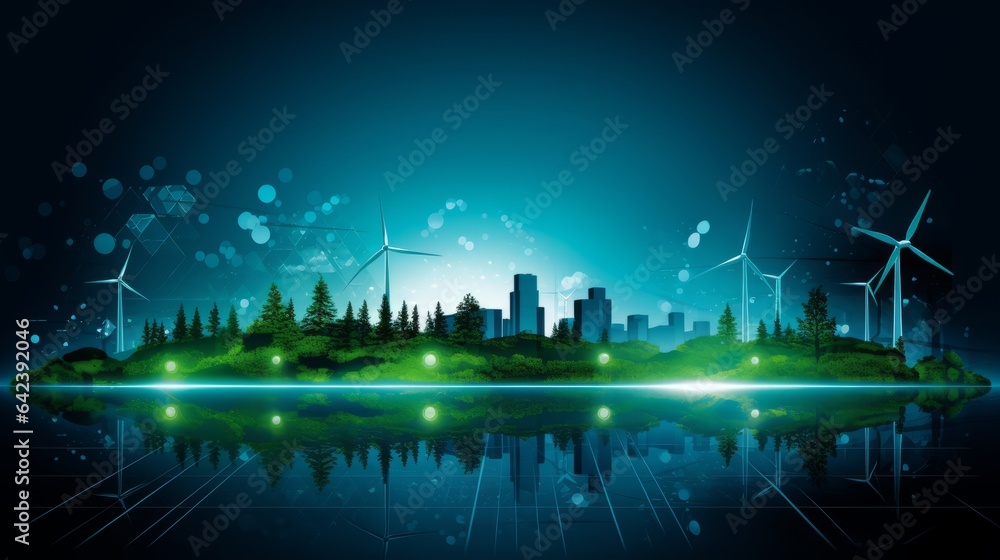 Energy Sustainability city of renewable energy sources such as wind turbines and solar panels powering homes and businesses