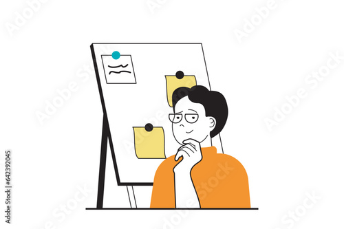 Education concept with people scene in flat web design. Man thinking and brainstorming, preparing presentation for university lesson. Vector illustration for social media banner, marketing material.