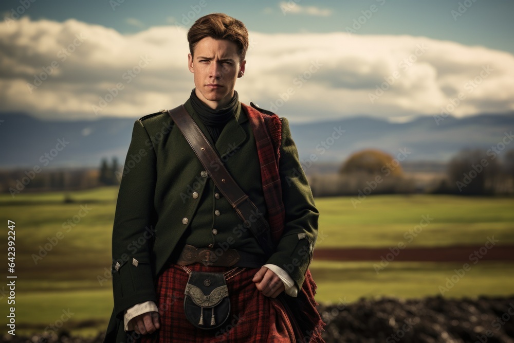 Portrait of a Traditional Fictional Scottish Man Wearing a Kilt. Meadow of Scotland Highland Background. Generative AI Illustration. Portrait of a Traditional Fictional Scottish Man Wearing a Kilt. Meadow of Scotland Highland Background. Generative AI Illustration.