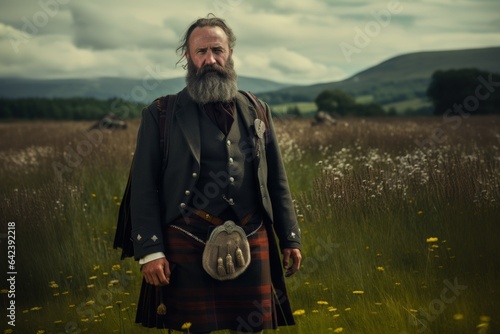 Portrait of a Traditional Fictional Scottish Man Wearing a Kilt. Meadow of Scotland Highland Background. Generative AI Illustration.