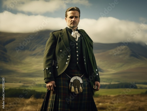 Portrait of a Traditional Fictional Scottish Man Wearing a Kilt. Meadow of Scotland Highland Background. Generative AI Illustration.