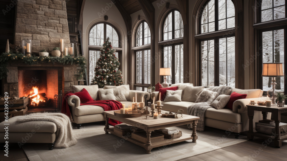 Christmas farmhouse livingroom - obrazy, fototapety, plakaty 