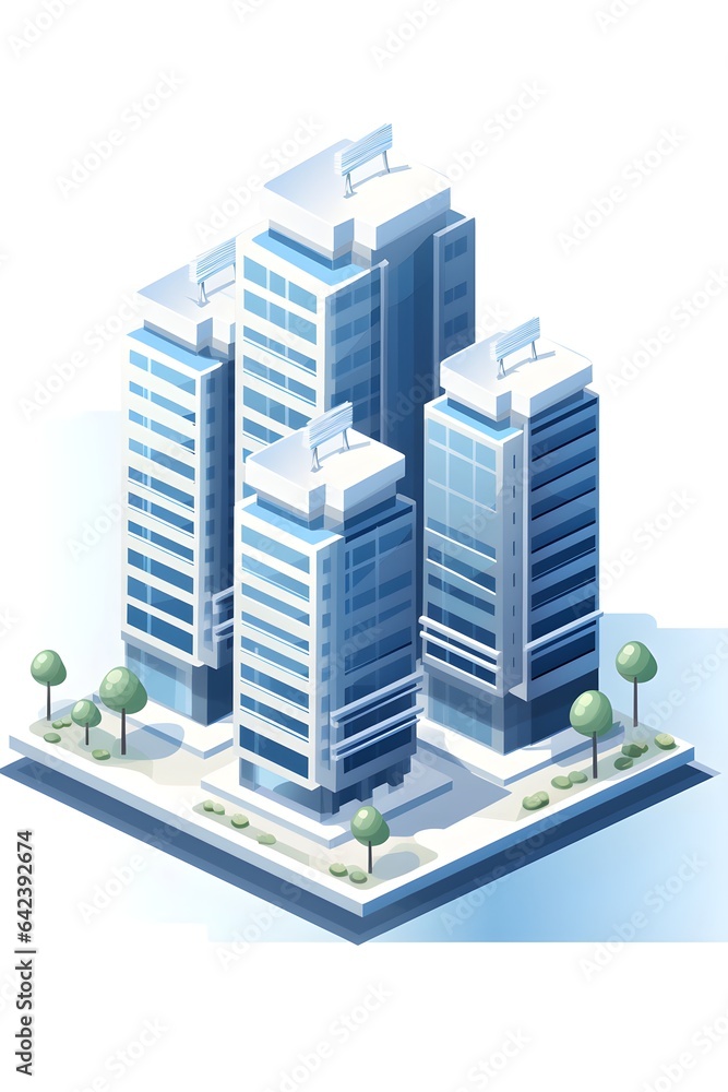 Modern skyscraper with trees isolated on white empty background in real estate sale or property investment concept. Buying new home for big family. 3d illustration of residential building exterior. Modern skyscraper with trees isolated on white empty background in real estate sale or property investment concept. Buying new home for big family. 3d illustration of residential building exterior.