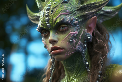 Alien monster princess, a fantasy portrait of a stylish female creature standing outdoors in the forest. Generative AI illustration 