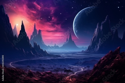 A colorful alien landscape  the fantastic nature of a distant alien planet. Generative AI illustration  
