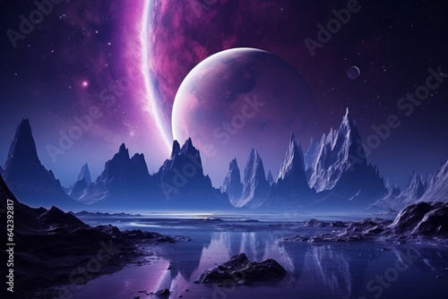 A colorful alien landscape, the fantastic nature of a distant alien planet. Generative AI illustration 