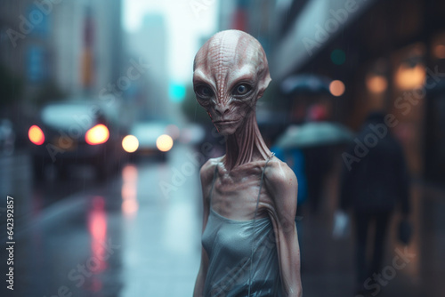 Creepy and skinny sad alien monster stadning on the street of a big city. Paled colors, moody, fantasy, aliens invasion. Troubled alien. Generative AI illustration