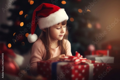 Girl christmas gift open. Generate Ai photo