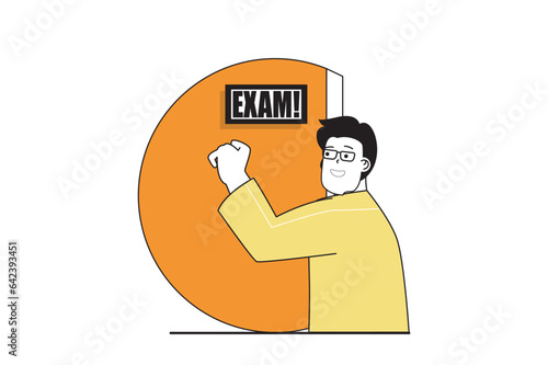 Education concept with people scene in flat web design. Student knocking at classroom door and preparing to take school examinations. Vector illustration for social media banner, marketing material.