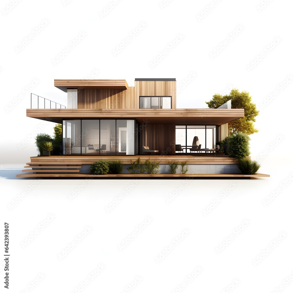 Modern house with trees isolated on white empty background in real estate sale or property investment concept. Buying new home for big family. 3d illustration of residential building exterior. Modern house with trees isolated on white empty background in real estate sale or property investment concept. Buying new home for big family. 3d illustration of residential building exterior.