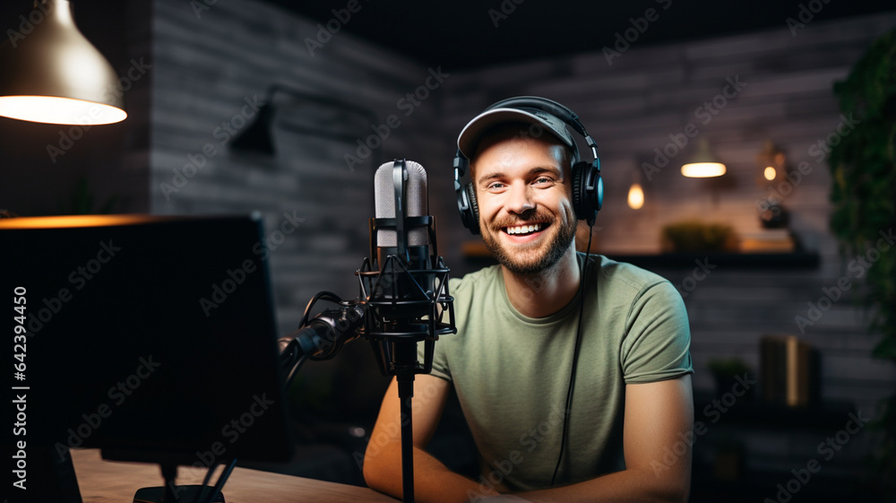 smiling young male blogger using video on camera at home smiling young male blogger using video on camera at home