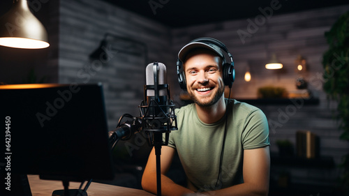 smiling young male blogger using video on camera at home