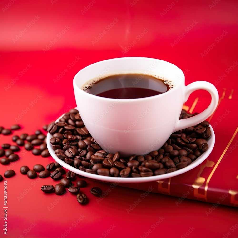 Cup of coffee with fresh roasted coffee beans isolated on a red background Cup of coffee with fresh roasted coffee beans isolated on a red background
