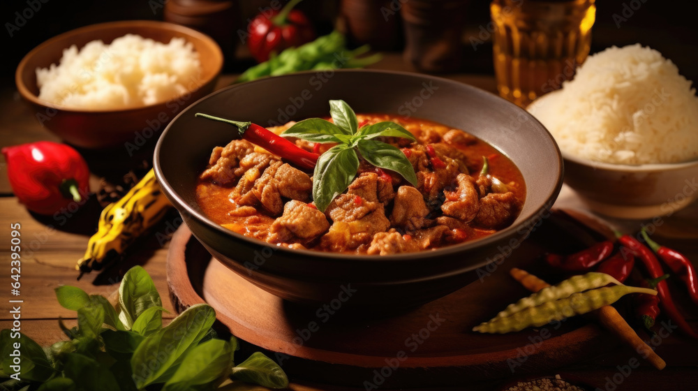 Thai food, Spicy thai curry with pork meat serving with rice and decorating with herbal vegetable ingredients like chili and eggplant on the wooden floor background. Generative Ai Thai food, Spicy thai curry with pork meat serving with rice and decorating with herbal vegetable ingredients like chili and eggplant on the wooden floor background. Generative Ai