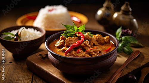 Obraz na plátně Thai food, Spicy thai curry with pork meat serving with rice and decorating with herbal vegetable ingredients like chili and eggplant on the wooden floor background
