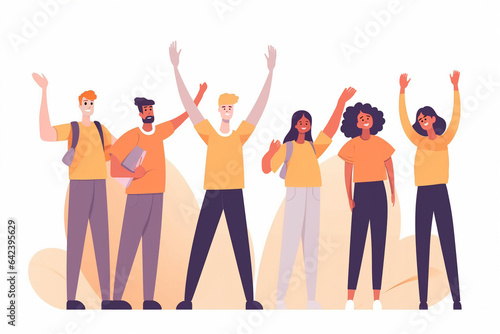 Happy volunteers with a banner - cartoon people characters isolated illustration