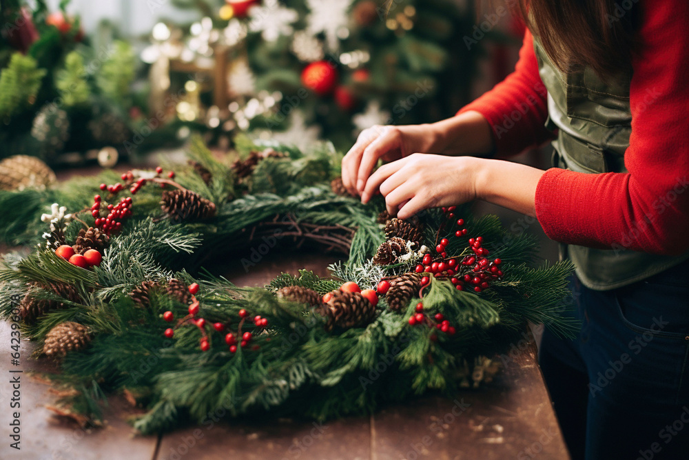 Florist making beautiful Christmas wreath.