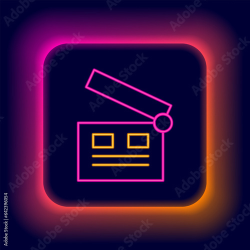 Glowing neon line Movie clapper icon isolated on black background. Film clapper board. Clapperboard sign. Cinema production or media industry. Colorful outline concept. Vector
