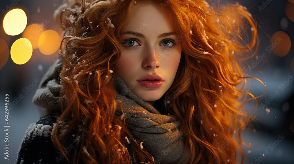 Red-Haired Girl in Winter Evening on City Street - New Year Atmosphere Red-Haired Girl in Winter Evening on City Street - New Year Atmosphere