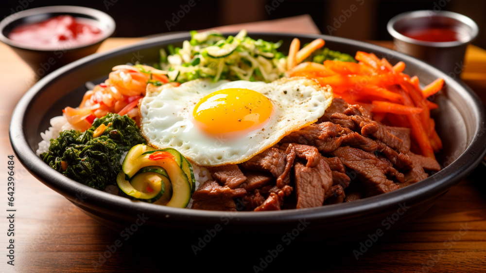 korean food bowl fried rice and vegetables on wooden table korean food bowl fried rice and vegetables on wooden table