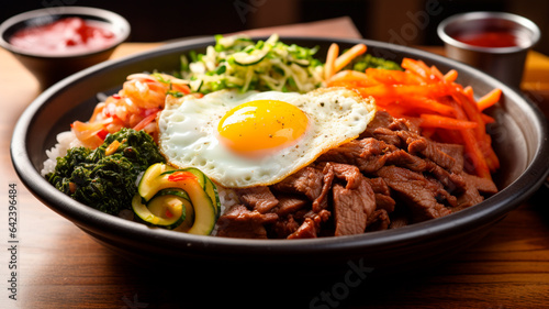 korean food bowl fried rice and vegetables on wooden table