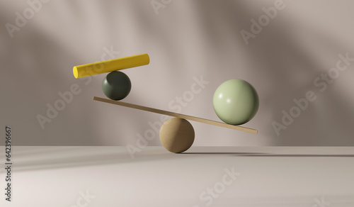 Rectangle shaped plank balancing on gray ball with colorful spheres and round wood on white ground