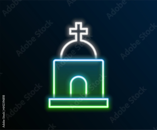 Glowing neon line Old crypt icon isolated on black background. Cemetery symbol. Ossuary or crypt for burial of deceased. Colorful outline concept. Vector