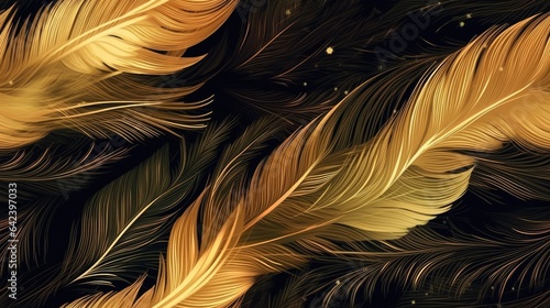 Seamless pattern with Luxury gold feather on dark background. Bird feathers hand drawn abstract design for banner, decoration, wall art, invitation, wedding, card and fabric. Generative AI