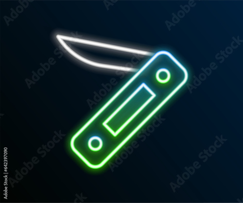 Glowing neon line Swiss army knife icon isolated on black background. Multi-tool, multipurpose penknife. Multifunctional tool. Colorful outline concept. Vector