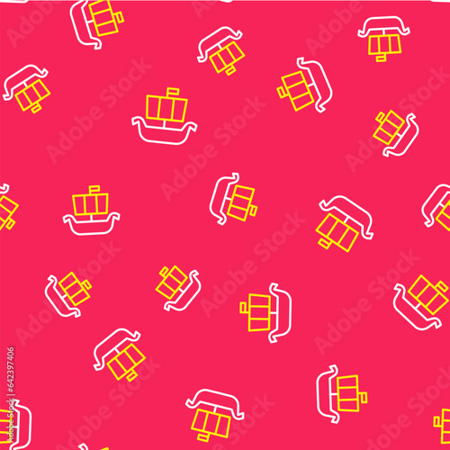 Line Ancient viking scandinavian drakkar icon isolated seamless pattern on red background. Viking transport ship. Vector