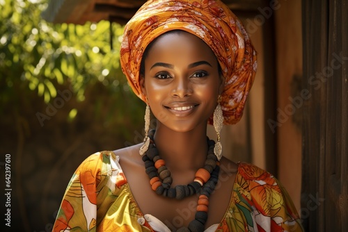 young african woman smiling wearing traditional clothing