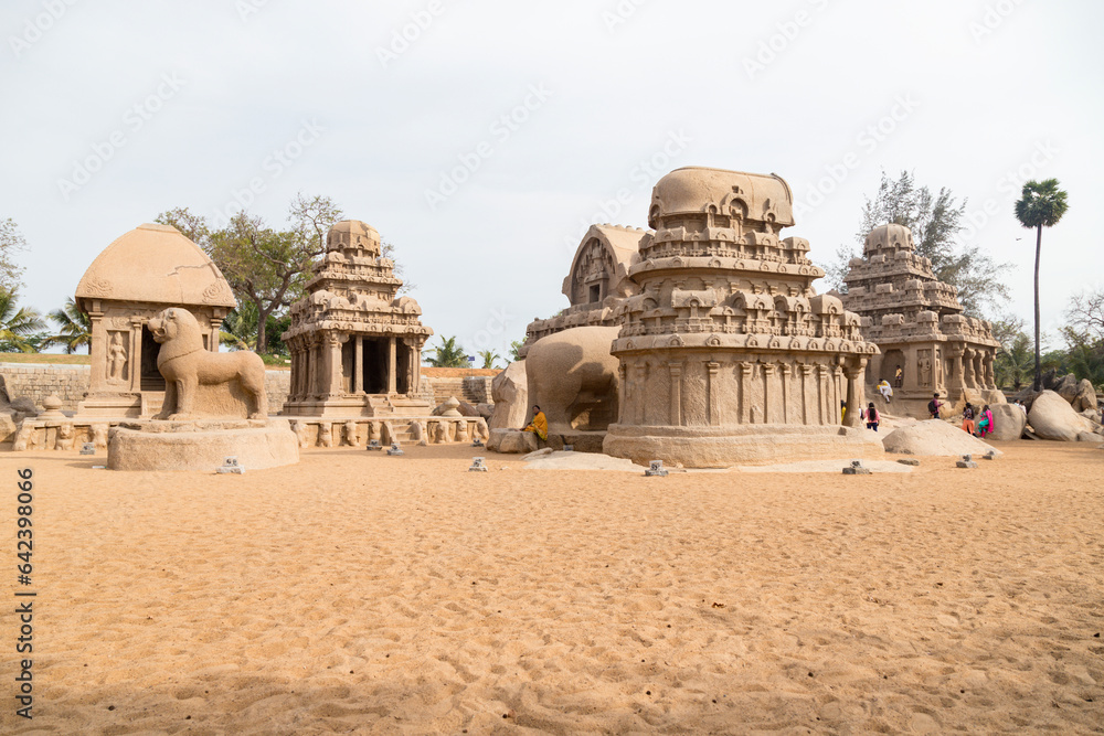 Ancient Hindu monolithic Pancha Rathas - Five Rathas, Mahabalipuram, Tamil Nadu, India