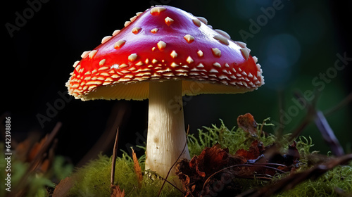 A red fly agaric mushroom is set against a green backdrop. © maniacvector