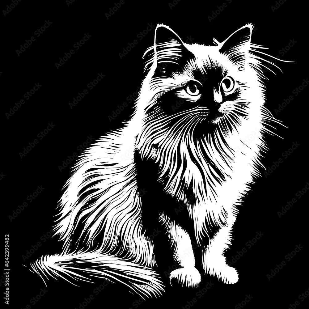 Siberian cat black and white on a black background