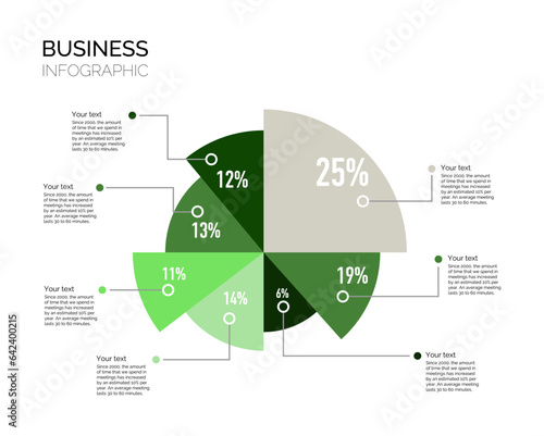 Infographic template for business. Pie Infographic. 7 parts  presentation of vector infographic. Circle infographic. Percentage ratio. Percentages. Green