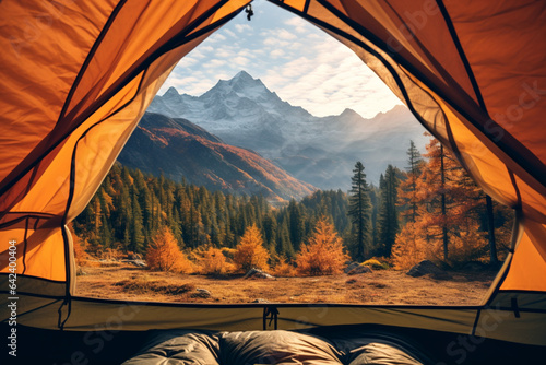 POV from a camping tent: scenic view of the mountains in the autumn © World of AI