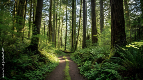 A scenic hiking trail leading through a dense forest of tall trees and lush vegetation