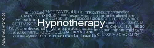 Words Associated with Hypnotherapy Word Cloud - Dark blue feathered background with a tag cloud of positive and negative words around the word HYPNOTHERAPY 
