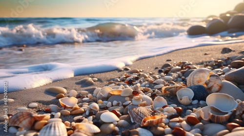 A sandy beach with seashells scattered along the shoreline, washed by gentle waves
