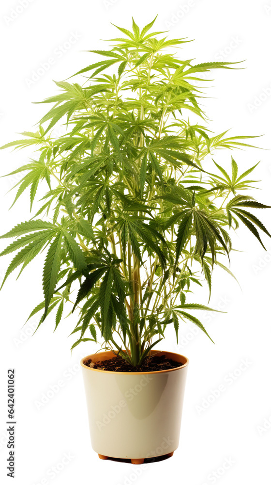 Fototapeta premium Cannabis plant in a flower pot on transparent background, isolated, png
