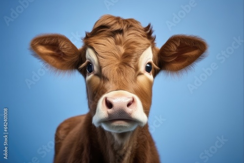 Adorable Calf Head of Red Fur with Big Eyes and Innocent Look on Blue Background. Perfect for Agriculture and Animal-Themed Projects