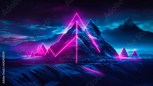 Purple Triangle with Neon Light Over Night Sky  Abstract Art