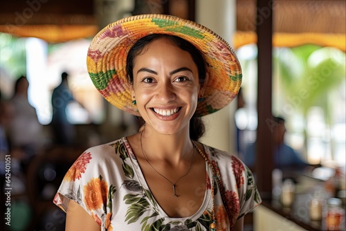 Authentic Mexican Hospitality: Beautiful and Friendly Hispanic Woman Smiling while Working at Resort Hotel in Punta de Mita, Mexico © AIGen